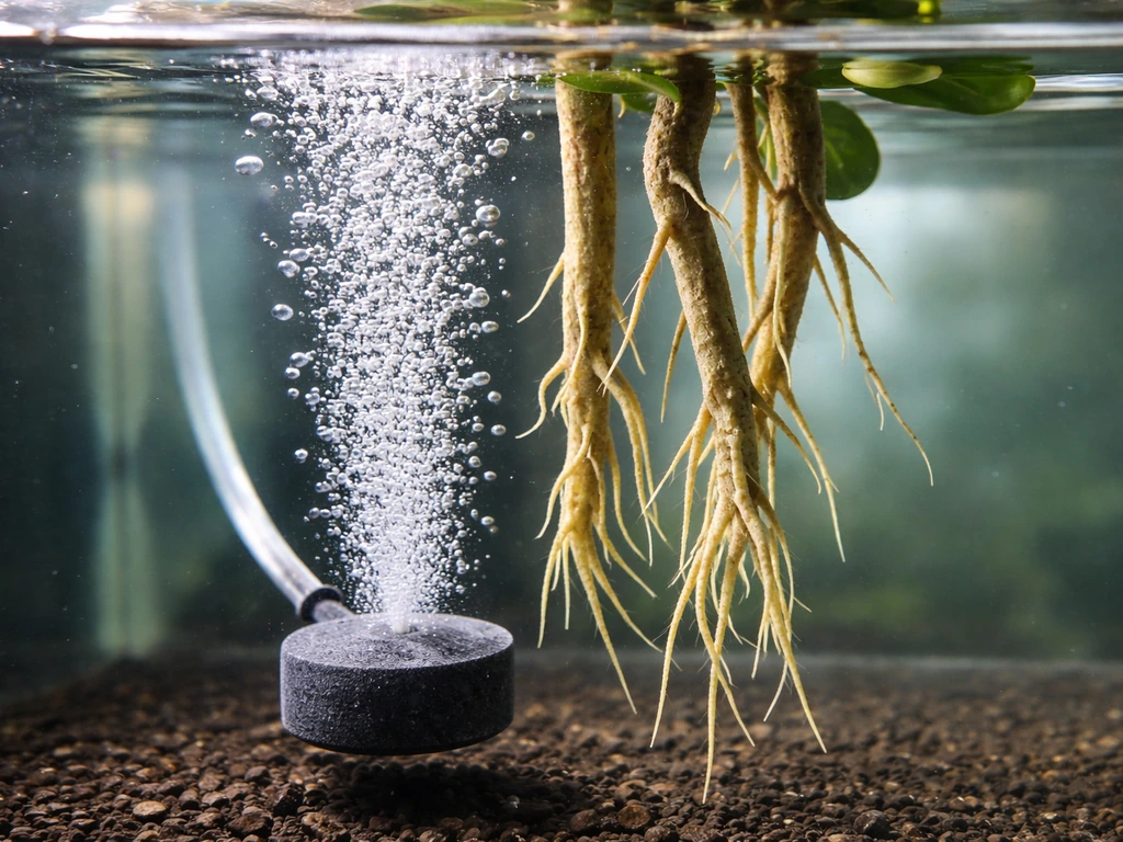 Close-up of aquarium air stone bubbling beside hanging plant roots for visible oxygenation