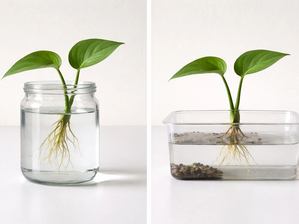 Split image: left cutting mostly submerged in water jar; right cutting node above water with aerated root zone.