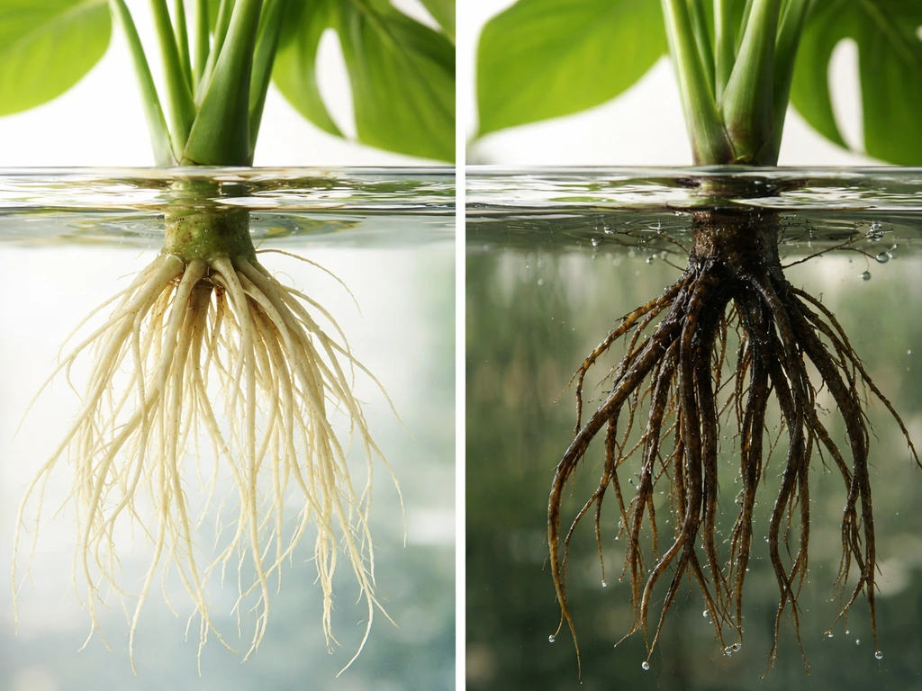 Close-up comparison of healthy roots versus mushy brown/black roots and a dark stem at the waterline