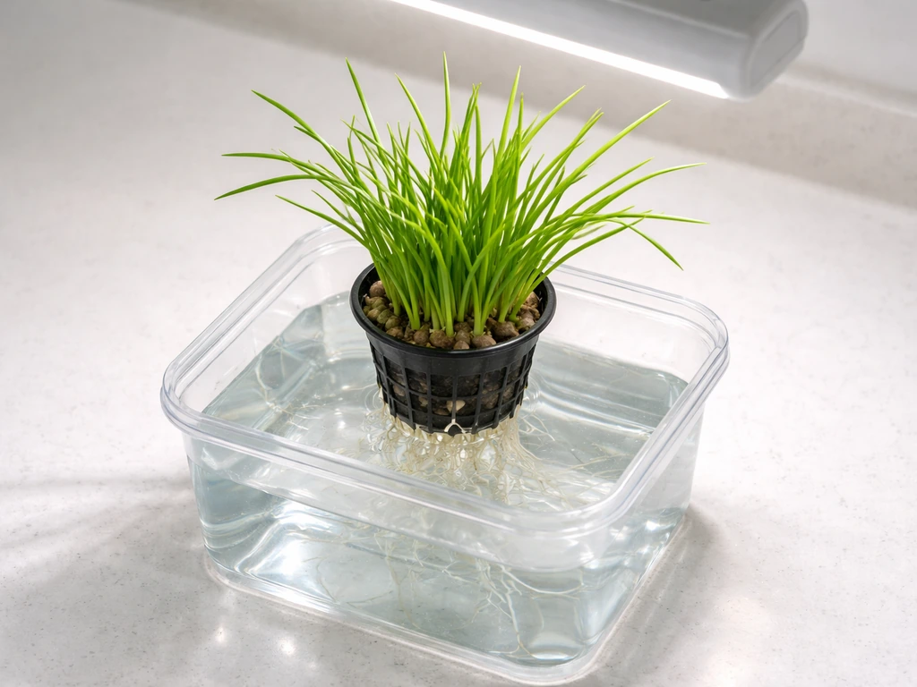 Overhead view of fresh garlic chives growing in a net pot above clear nutrient solution under a grow light.
