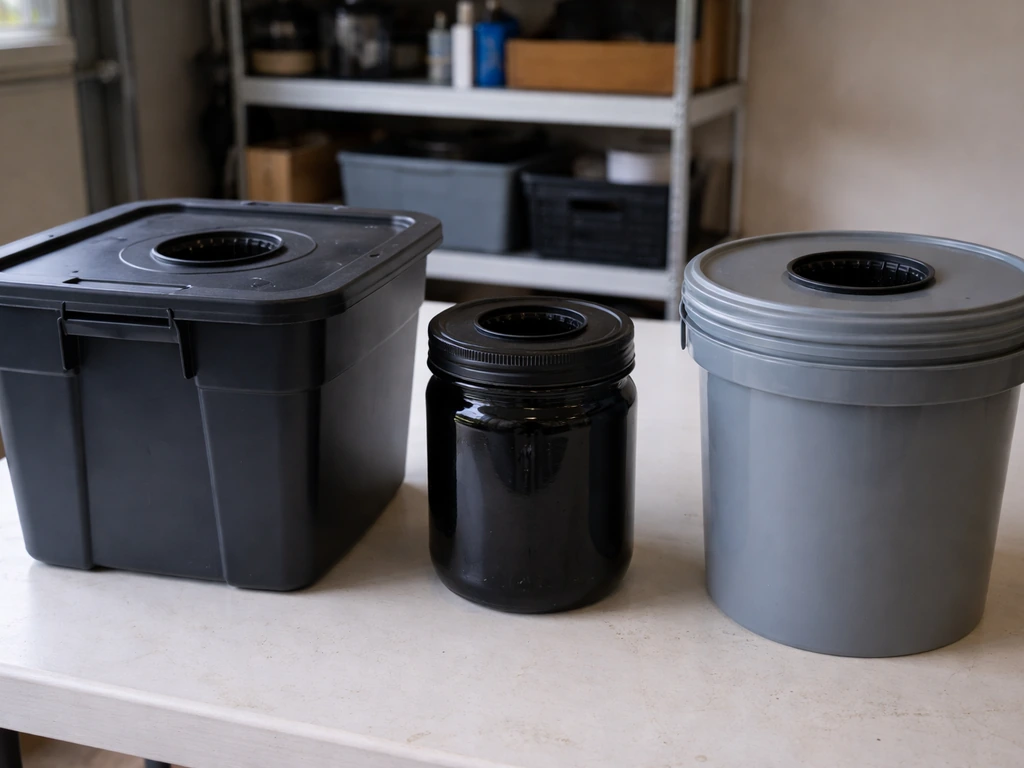 Three opaque DWC container options with lids and net-pot inserts on a workbench.
