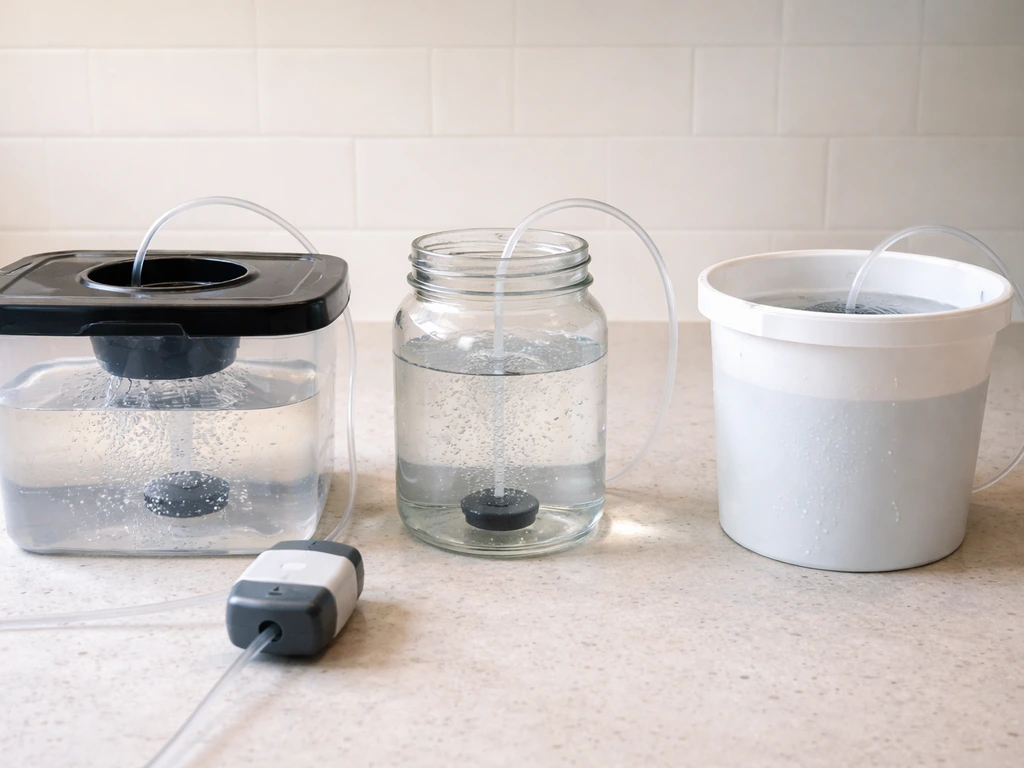 Three hydroponic systems side-by-side: DWC tote, jar DWC, and a simple aerated setup with bubbling air stones.