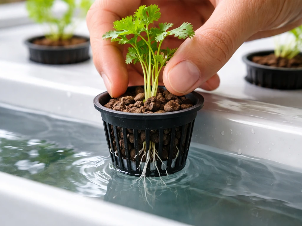 Close-up placing a plant cutting into a net pot in a reservoir with nutrient solution level just touching roots.