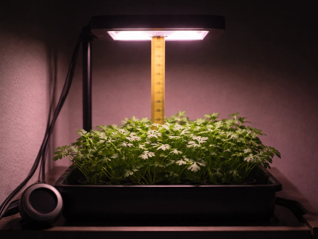 LED grow light above a small hydroponic plant canopy with a simple 20–30 cm distance setup