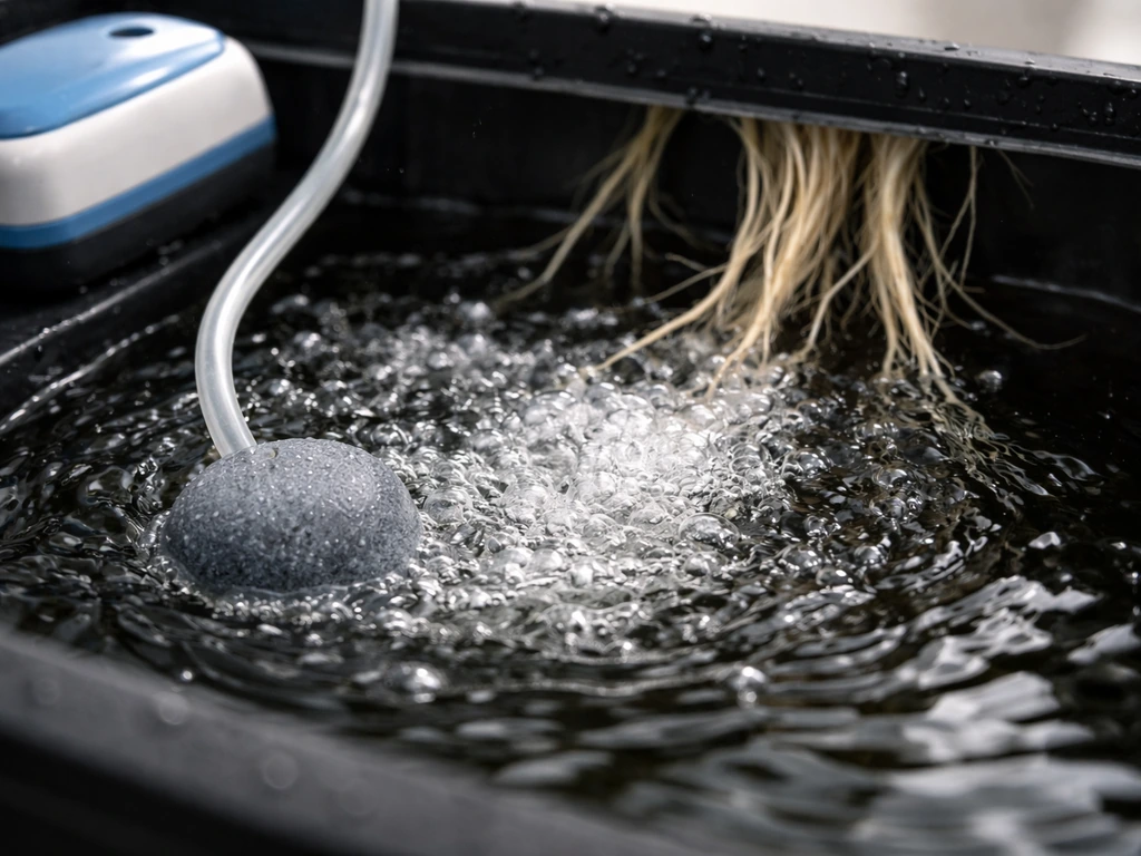 Close-up of aquarium air pump and bubbling air stone in a hydroponic nutrient reservoir with circulating water