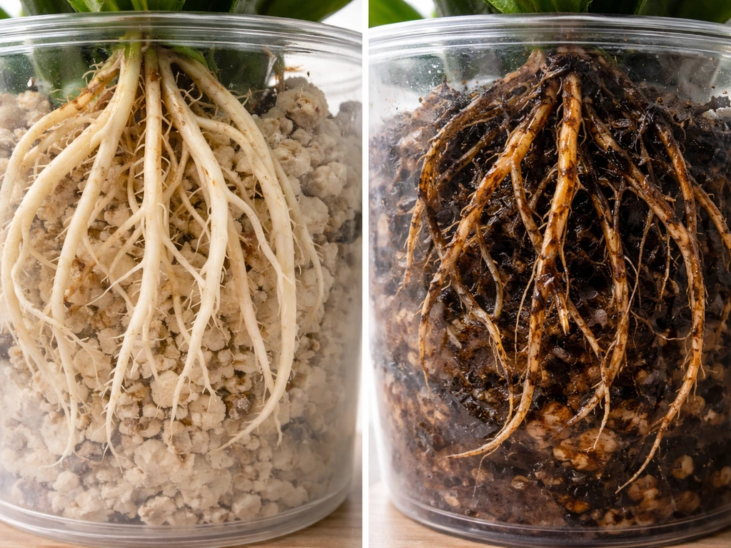 Left healthy pale, firm roots; right brown slimy, decayed roots indicating root rot.