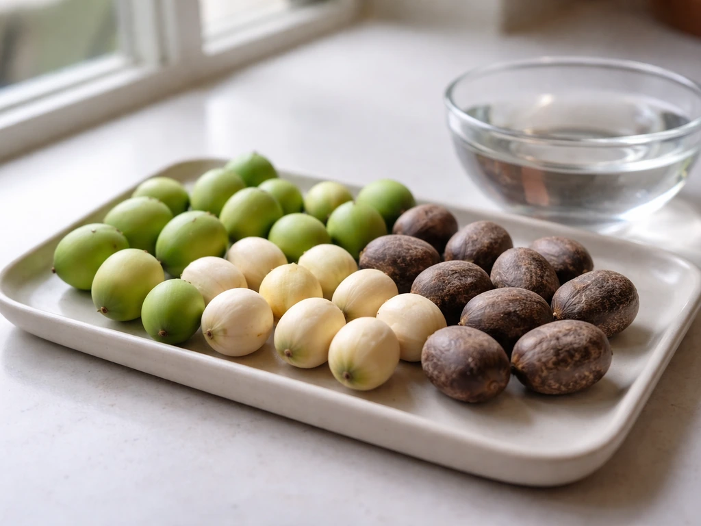 Lotus and water lily seeds laid out on a ceramic tray beside a small glass of water.