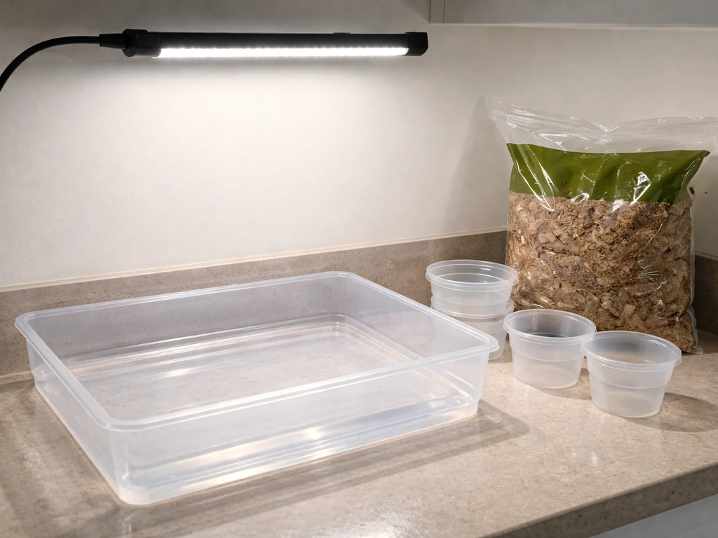 Shallow water-filled seed-starting tray with clean containers and a small grow light overhead.