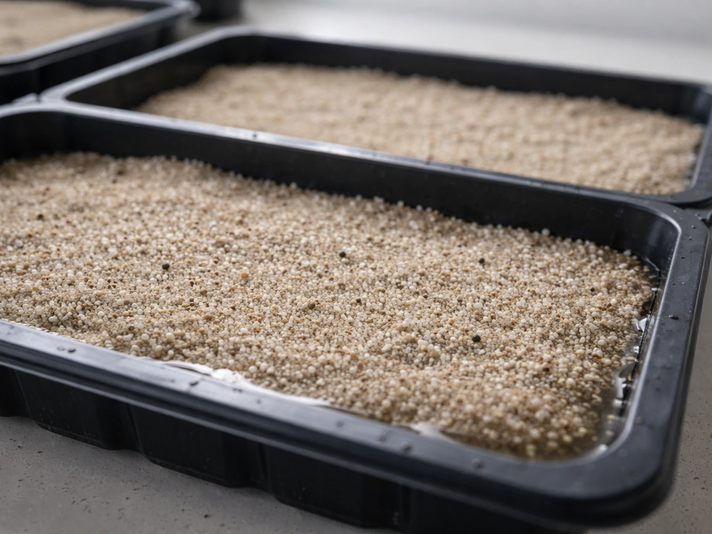 Shallow germination tray with fine substrate and tiny aquatic seeds at the water’s surface level.