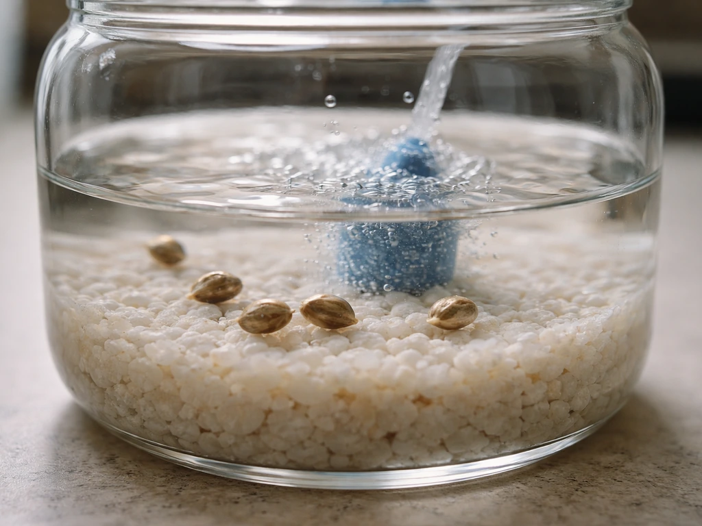 Glass container of soaked seeds with gentle air-stone bubbling to prevent stagnant water around them.
