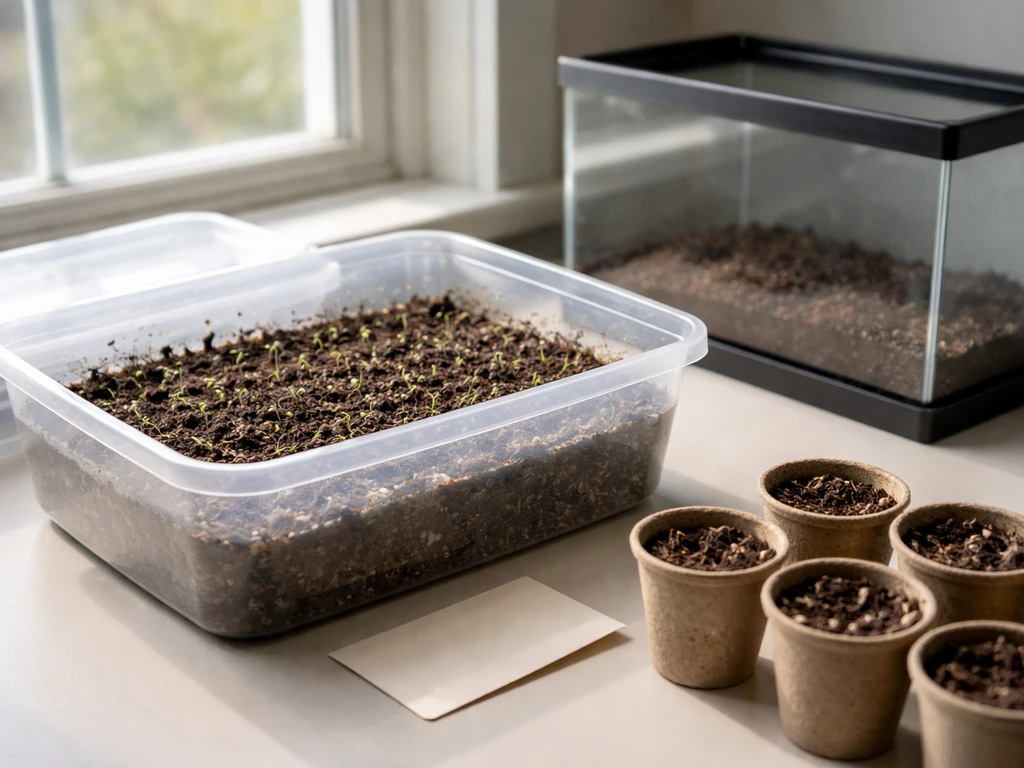 Open plastic seed-germination tub beside a small aquarium, with soil cups ready for transplant timeline.