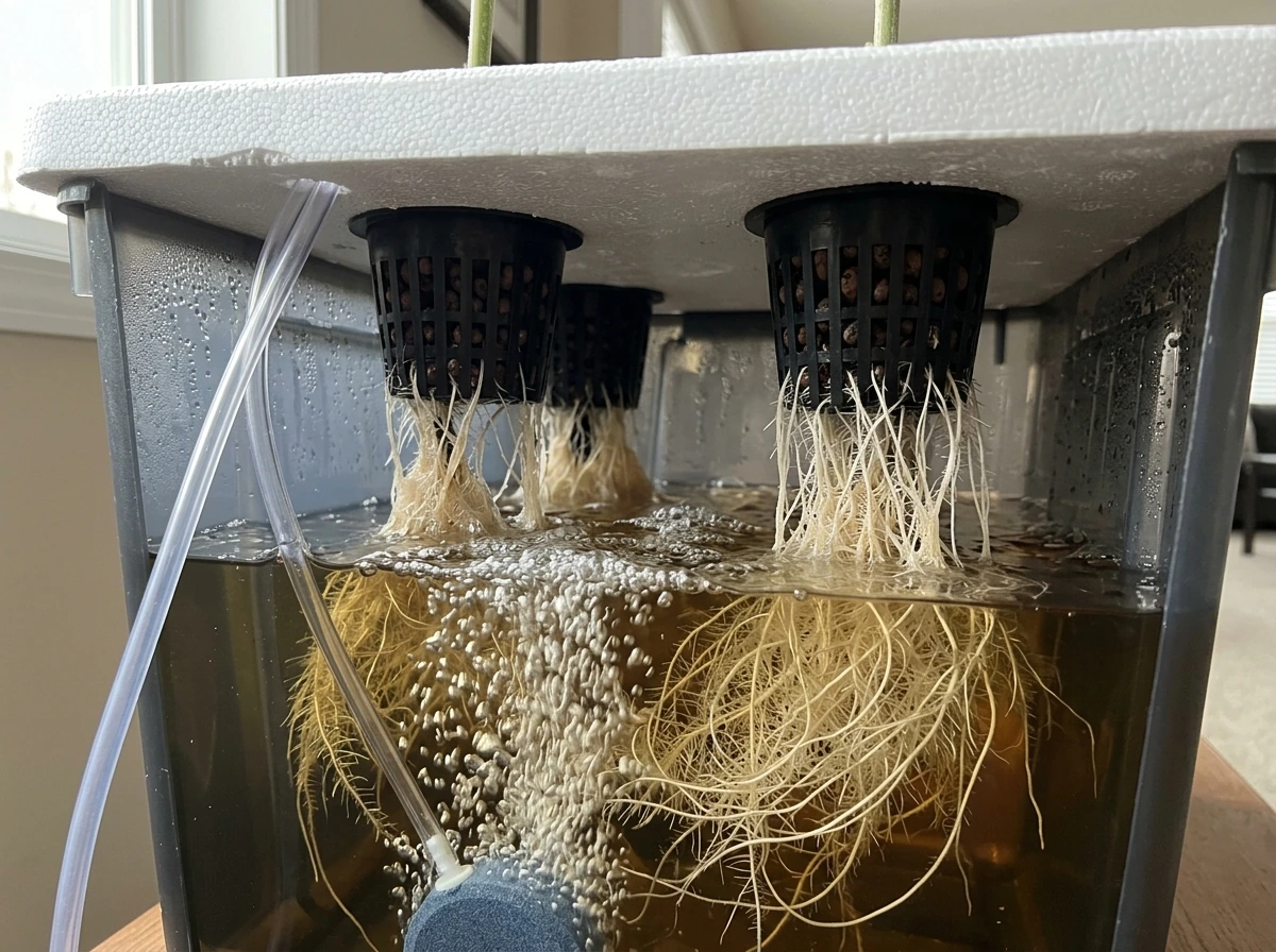 Floating net pots with roots submerged in aerated nutrient solution (DWC setup)