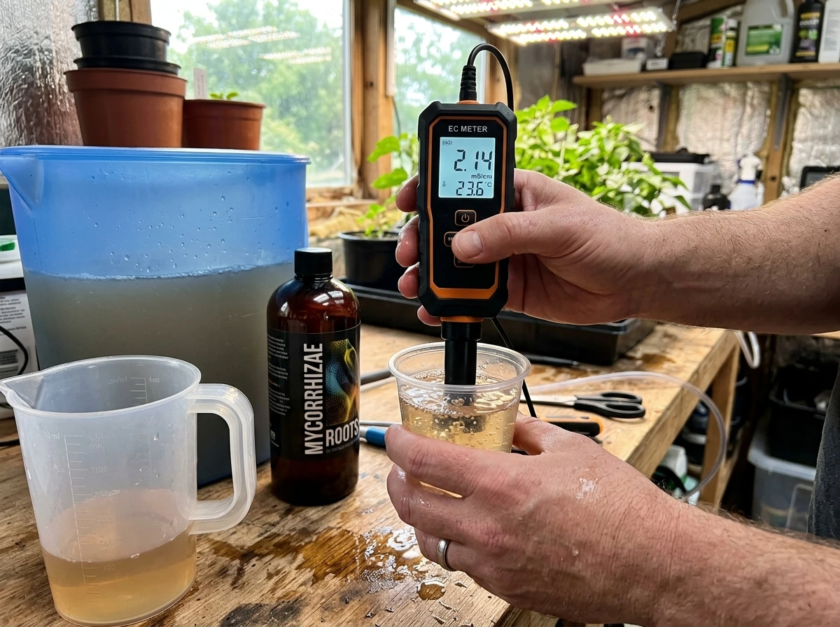 Mixing hydroponic nutrients and checking EC with a digital meter