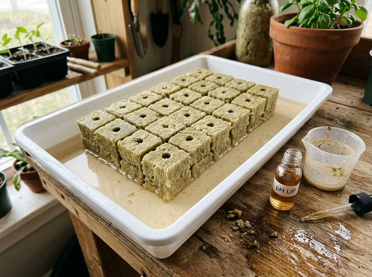Soaking rockwool cubes in pH-adjusted water before sowing seeds