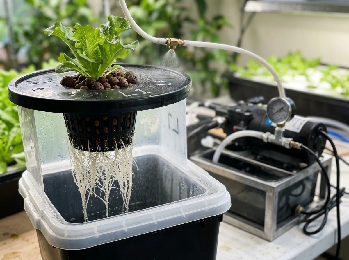 Net pot and hanging roots inside a sealed aeroponics chamber with nutrient nozzle misting