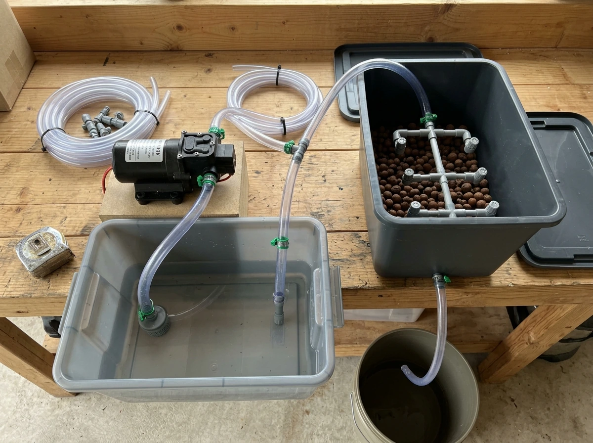 Aeroponics core components laid out: root chamber, reservoir, pump, hoses, and nozzle manifold