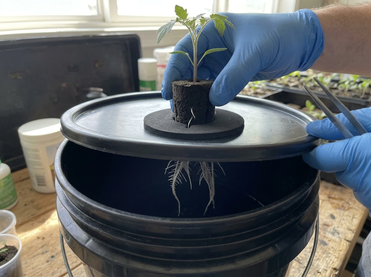 Transplanting a germinated plug into a net pot with collar for aeroponics