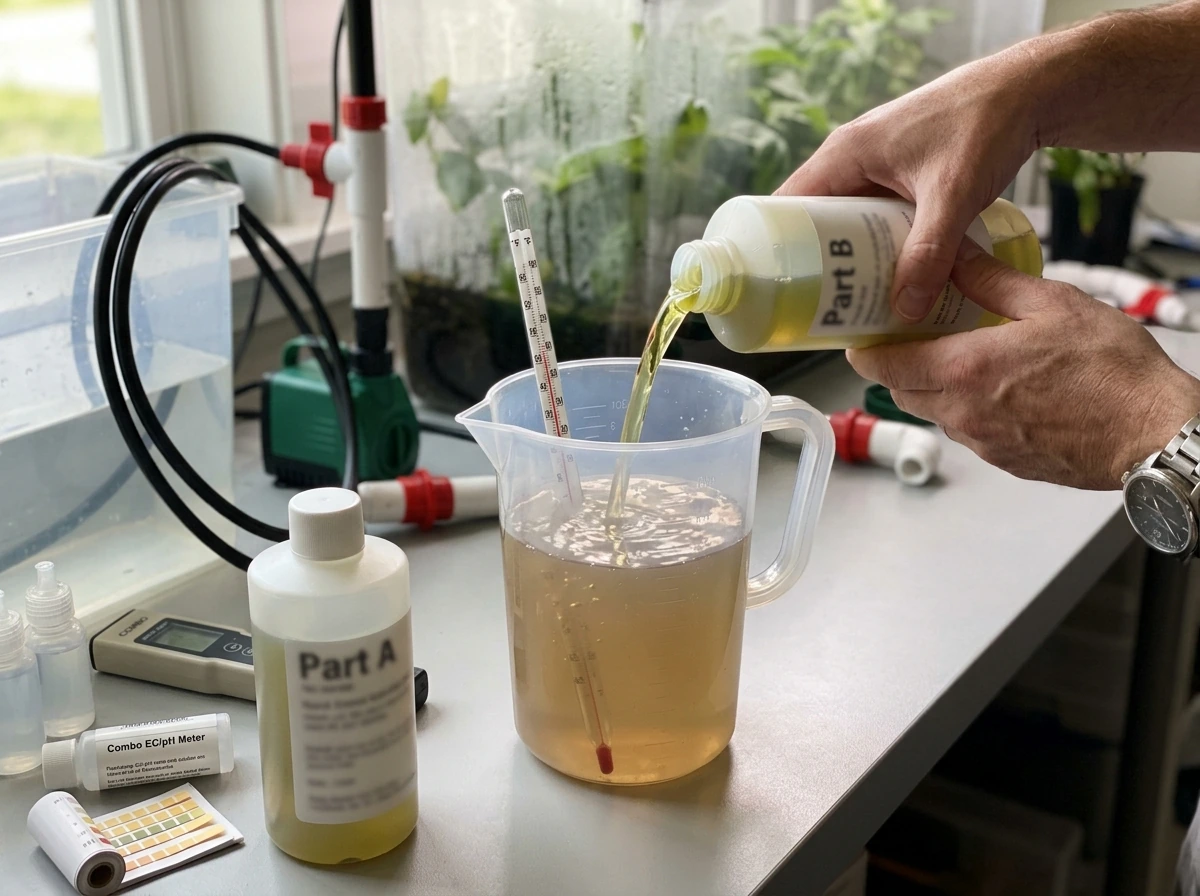 Mixing two-part A/B hydroponic nutrients in a measuring container with EC/pH tools