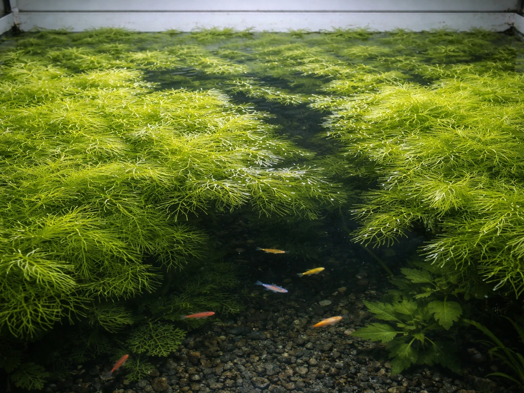 Top-down view of an aquarium where dense floating hornwort covers most of the surface, with fish and shrimp visible.