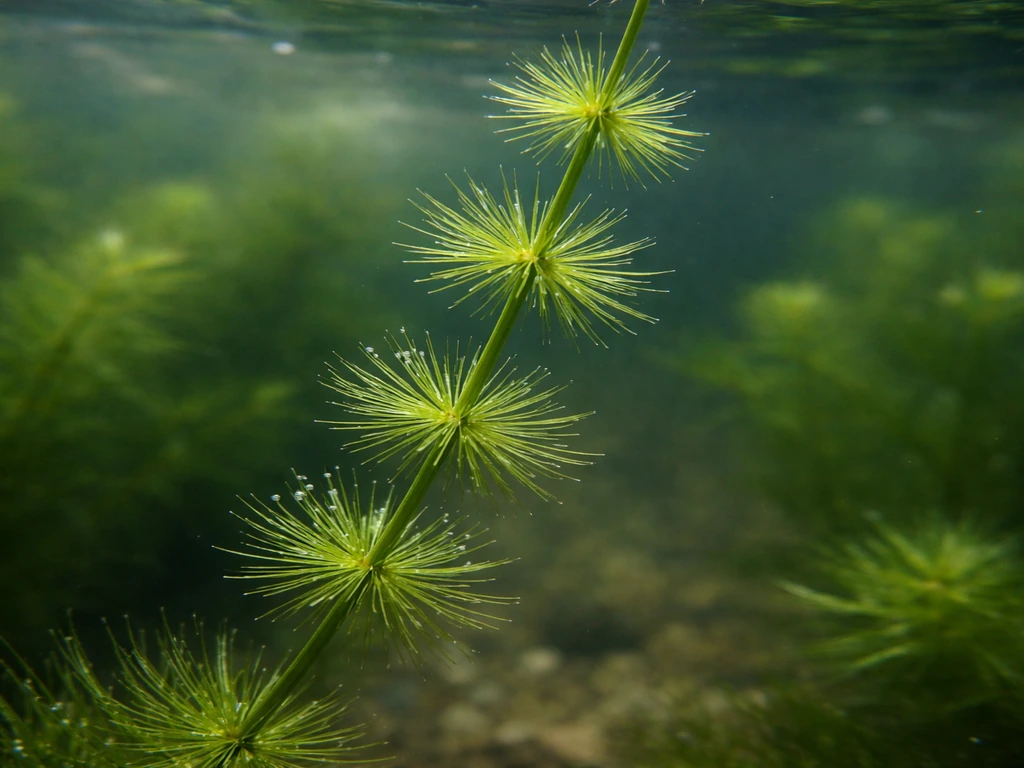 Underwater close-up of hornwort needles and branching stems, clearly showing it grows without roots.