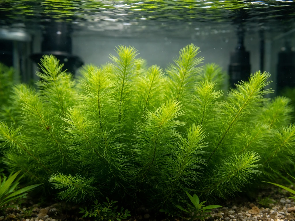 Close-up of dense hornwort inside an aquarium under soft LED lighting with gentle water reflections.