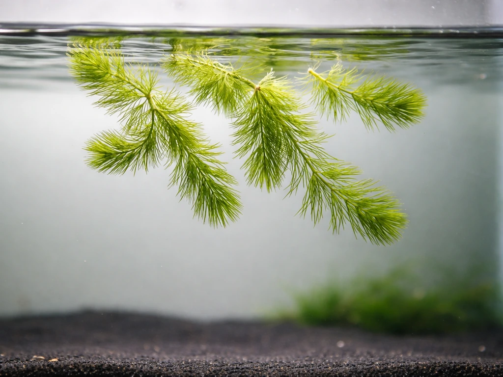 Hornwort stem cuttings floating in a clear aquarium, with gentle water ripples and soft natural light.