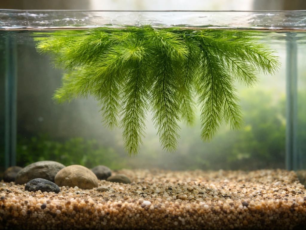 Floating hornwort draping in the back third of an aquarium, with a clear open viewing foreground.