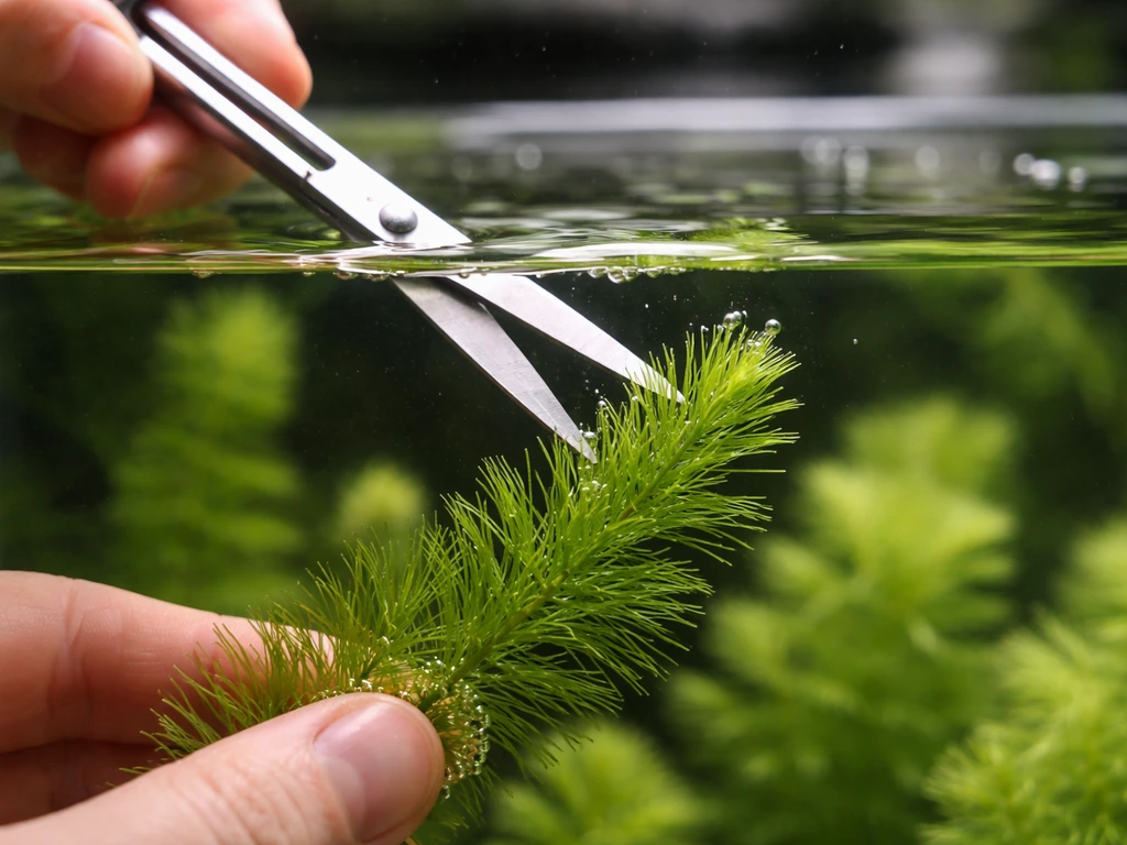 Hands snip hornwort tips in an aquarium with scissors, showing fresh cut ends near the surface.
