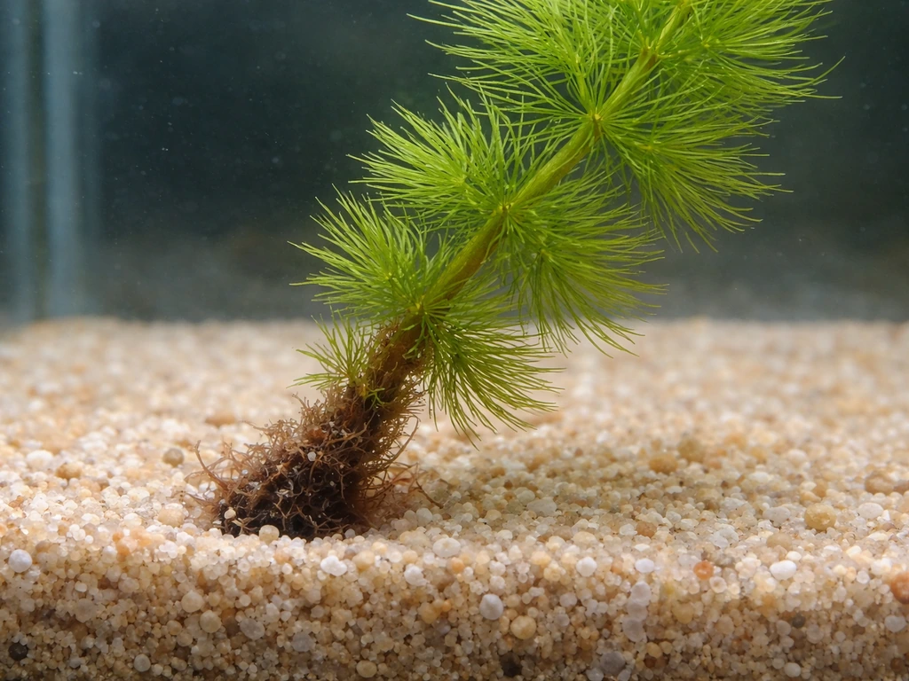 Hornwort in an aquarium: mushy brown buried base with healthy green stems above.
