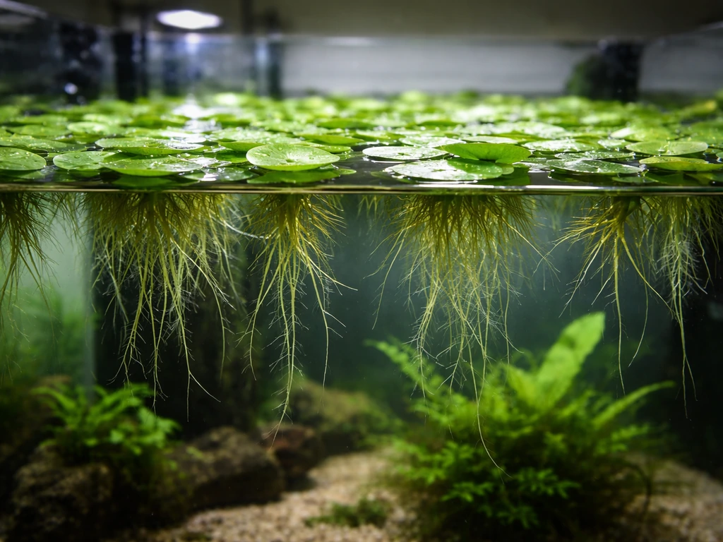 Home aquarium surface covered with healthy Amazon frogbit rosettes and hanging roots under bright light.
