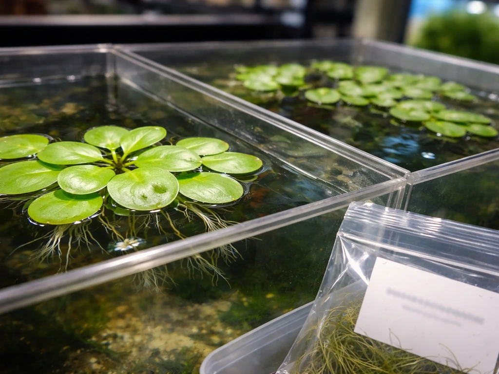 Aquarium tanks showing frogbit-like plants with a bag and plain label paper to highlight correct sourcing