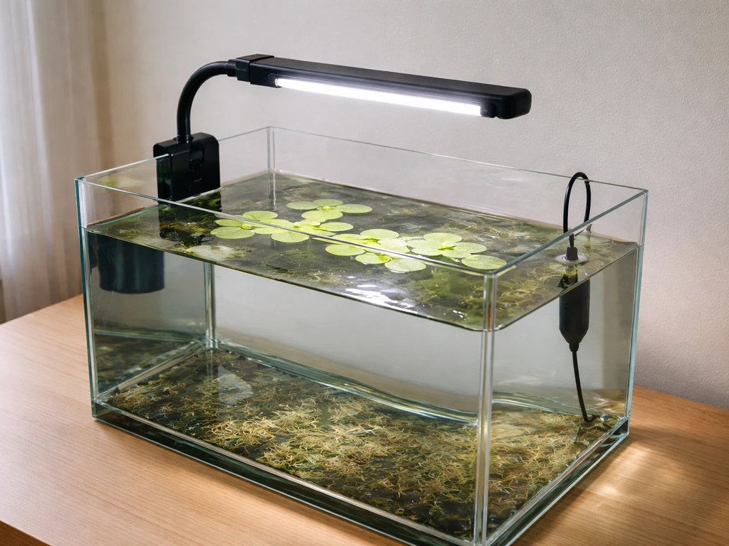 Clip-on LED bar light over an aquarium with floating frogbit and a thermometer probe near the glass.