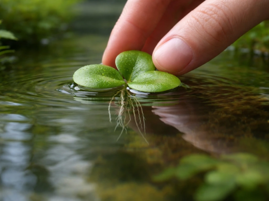 Hands gently place a frogbit rosette on calm water as roots begin to form.