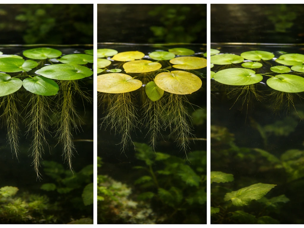Side-by-side aquarium shots of healthy frogbit, yellowing leaves, and plants with stalled root growth.