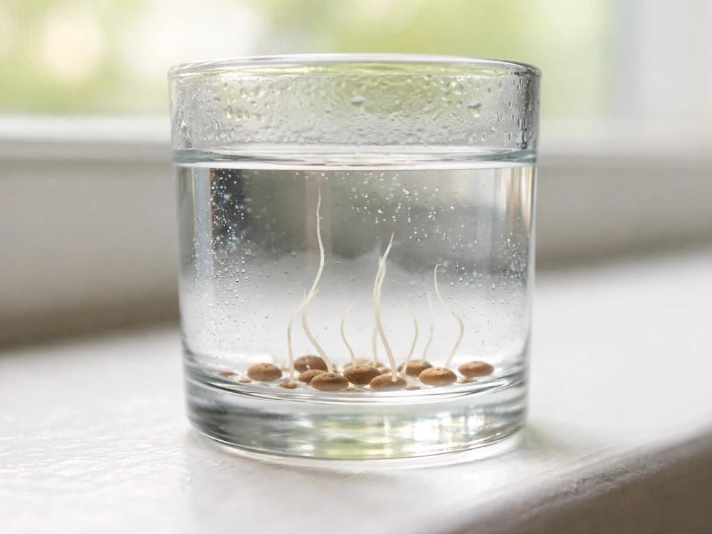 Copper grass Pilea seeds sprouting with delicate roots in clear water inside a glass container.