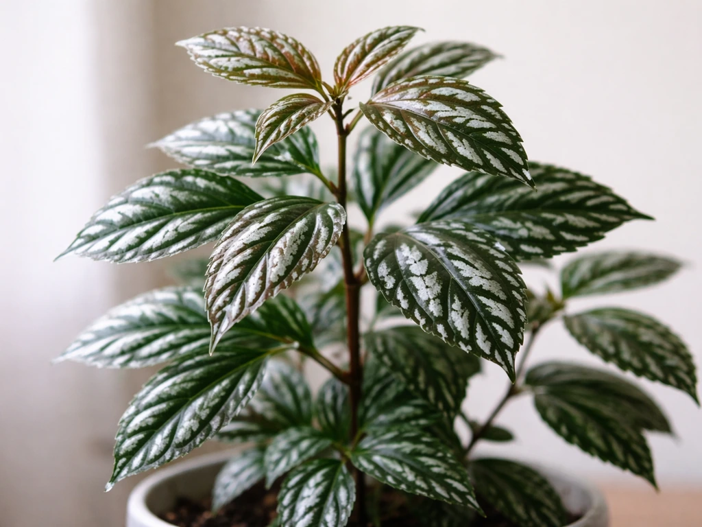 Close-up of copper grass (Pilea cadierei) with silvery-green patterned leaves in soft natural light.