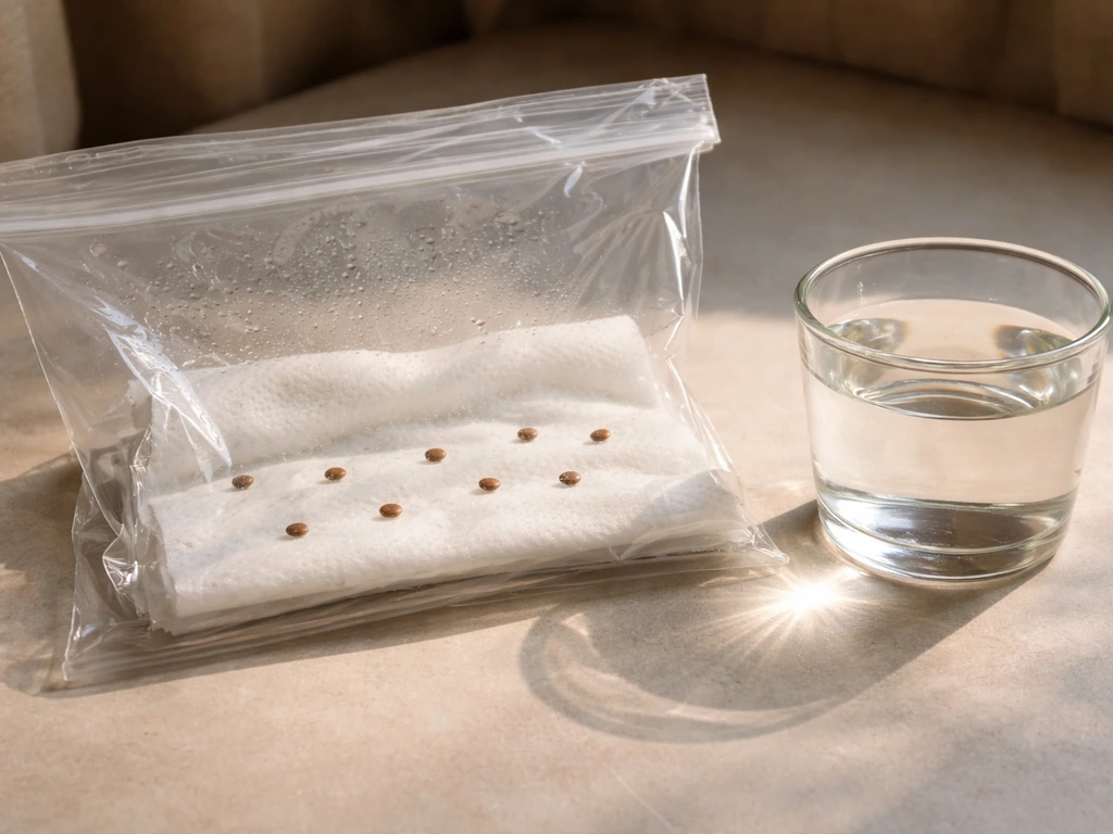 Copper-brown Pilea seeds in damp paper towels inside a warm covered bag, next to a glass of water.