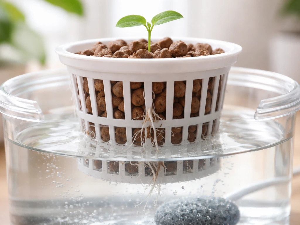 Net pot with rinsed LECA holding seedling roots in semi-hydroponic water culture, water line visible.