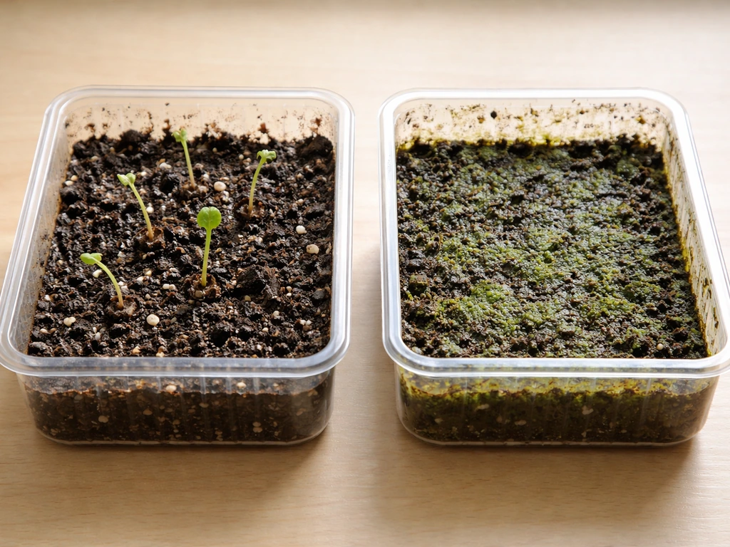 Two small seedling trays: one with soft rotting bases, one with green algae on container walls