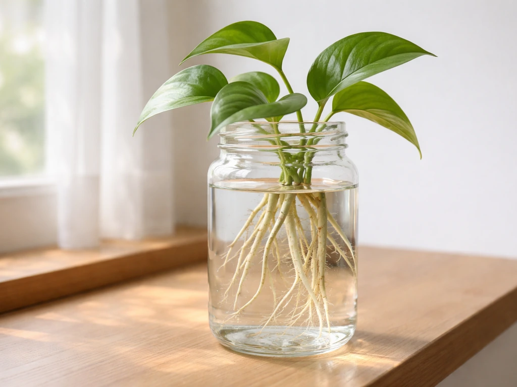 Long-rooted pothos cutting in a clear jar on a bright windowsill.