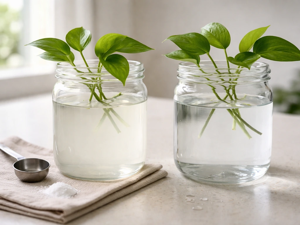 Two small containers with prepared water—tap vs filtered/RO—for pothos cuttings, side-by-side and uncluttered.