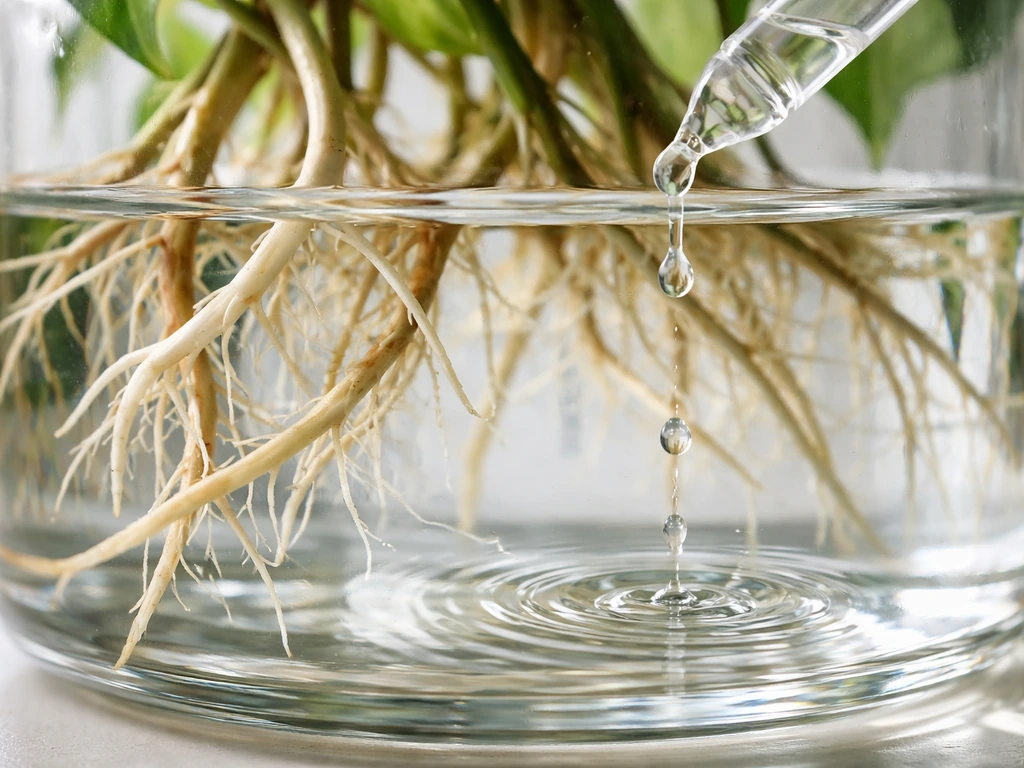 Close-up of pothos roots submerged in clear water as nutrient drops fall into the container