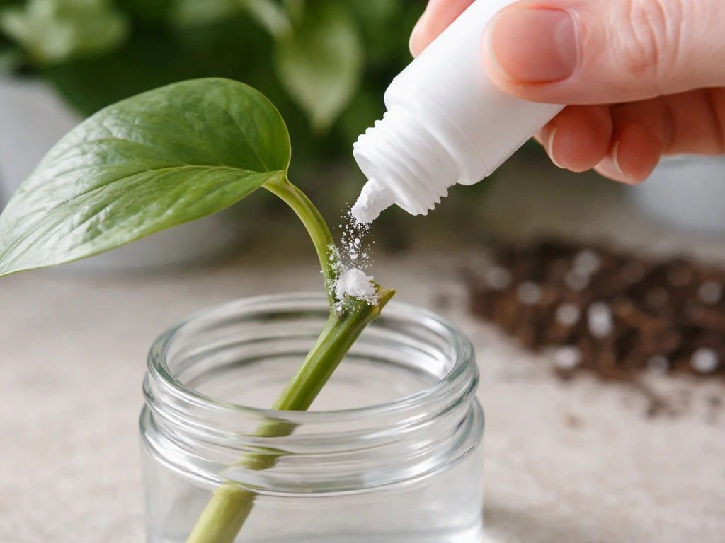 Pothos cutting node being dipped in rooting hormone powder over a simple countertop.