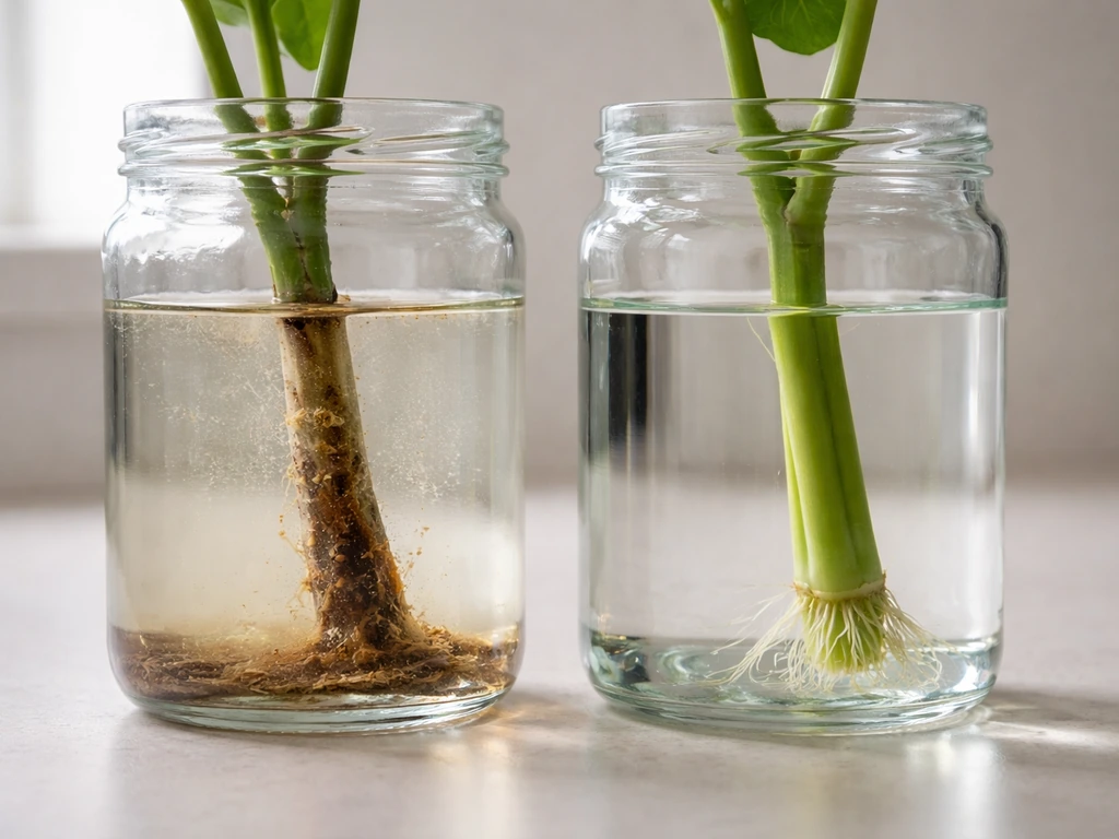 Two clear plant cuttings in jars—one stem section browning and slimy, the other healthy and green.