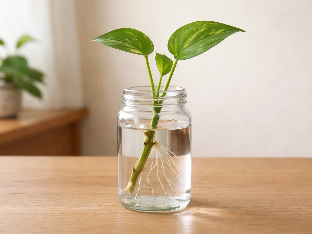 Money plant cutting rooted in water inside a clear glass jar, nodes and early white roots visible.