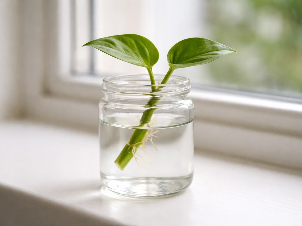 Clear glass jar with room-temperature water and a money-plant stem cutting, nodes under water, leaves above.