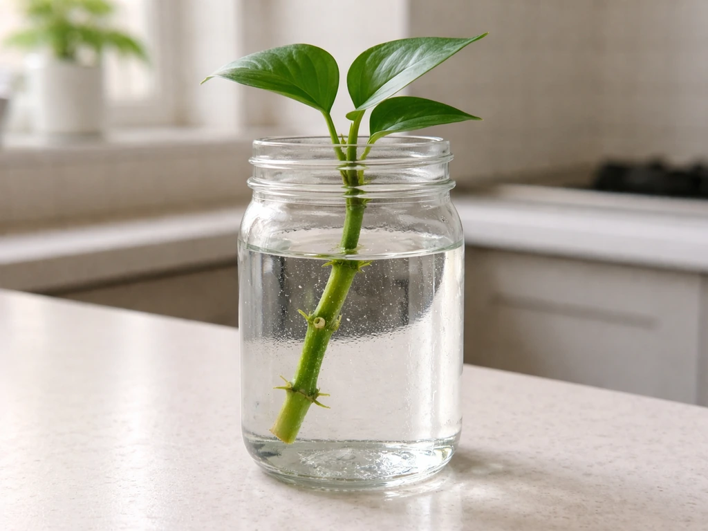 Clean glass jar filled with room-temperature water, with a cutting inserted so only the nodes are submerged.