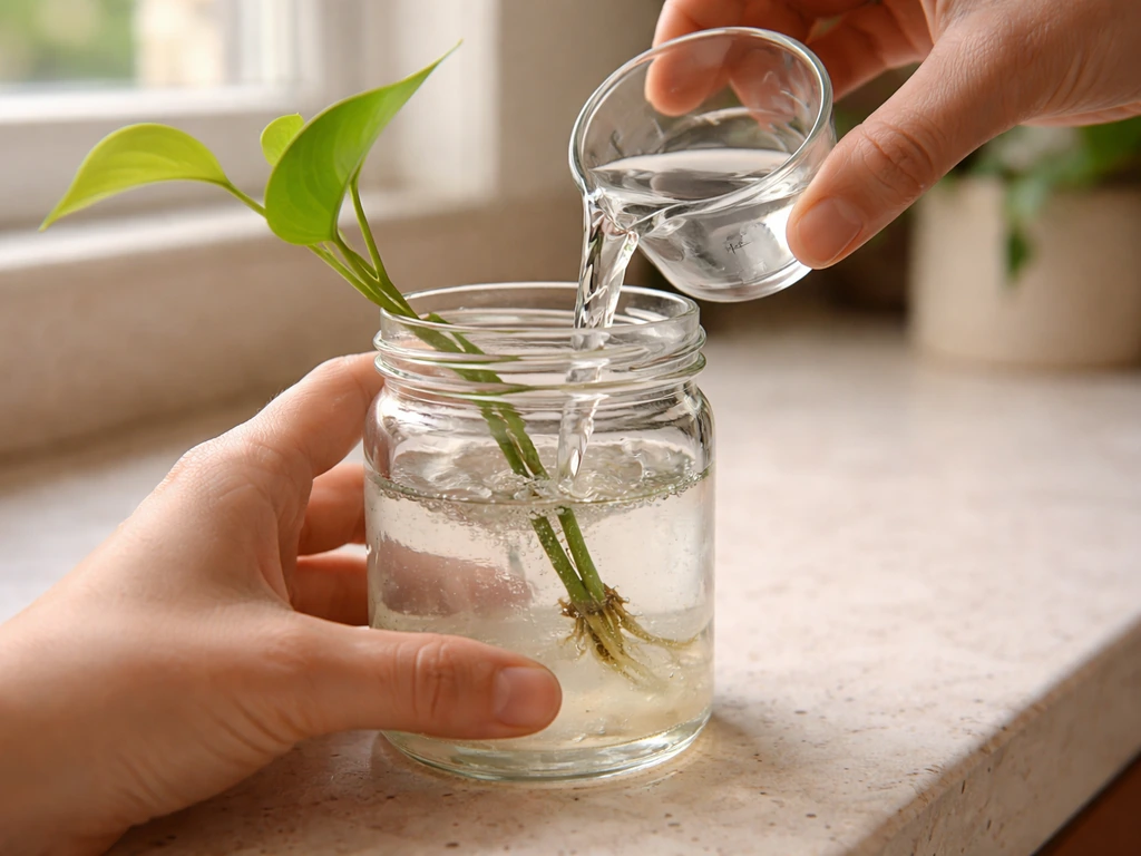 Hands refilling a clear glass jar with fresh water for plant rooting, cloudy water being removed