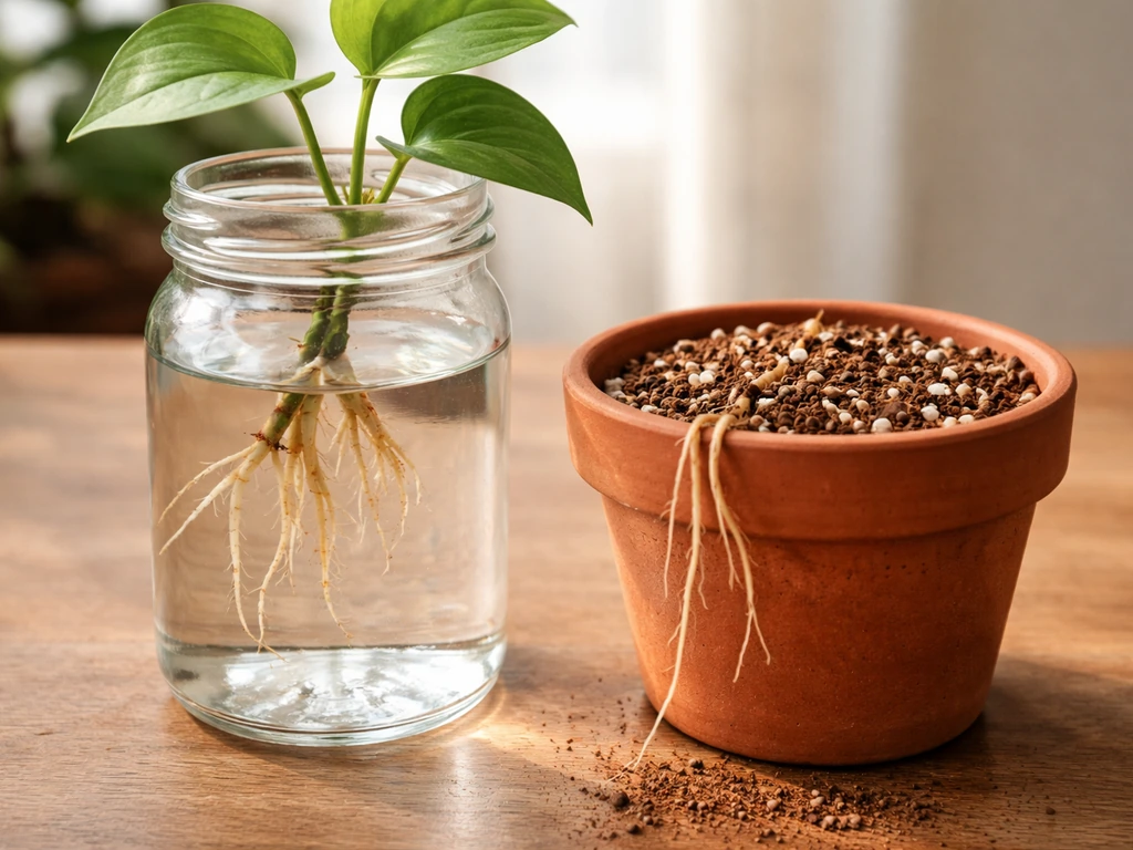 Money plant roots (2–4 inches) ready to pot up beside a small terracotta pot with well-draining soil.