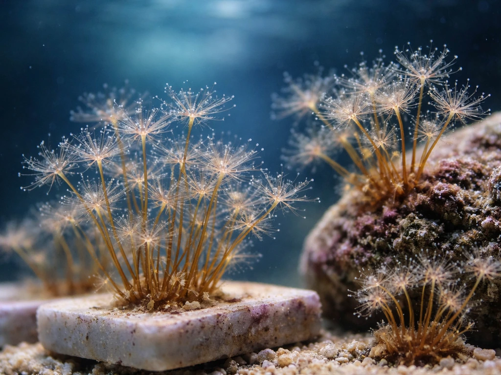 Macro close-up of bushy hydroid colonies attached to aquarium rock with gentle water flow behind